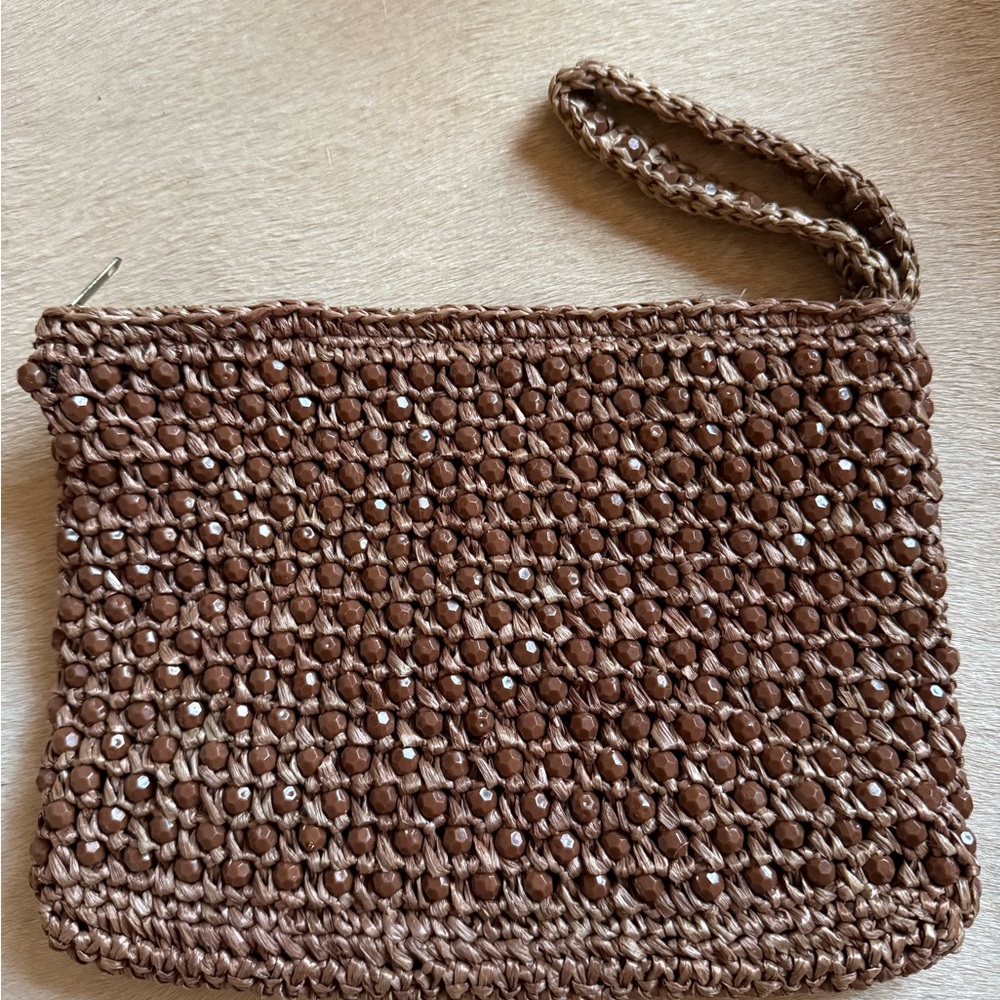 Magid Brown Beaded Woven Wristlet